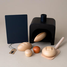 Load image into Gallery viewer, bakery-set-black-oven-with-5-types-of-bread-wooden-spatula-and-chalkboard