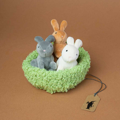 green-fluffy-nest-with-three-little-bunnies-in-three-different-colors-grey-white-and-brown