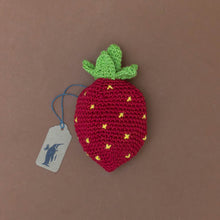 Load image into Gallery viewer, bright-red-with-yellow-seeds-and-green-stem-organic-cotton-crocheted-flower-and-strawberry