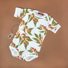 Load image into Gallery viewer, white-onesie-with-short-sleeve-and-orange-peaches-and-green-leaf-pattern