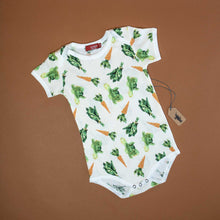 Load image into Gallery viewer, white-short-sleeve-onsie-with-carrot-and-lettuce-pattern