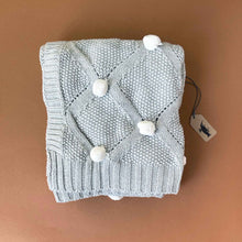 Load image into Gallery viewer, grey-organic-knitted-pom-pom-blanket-with-ivory-poms