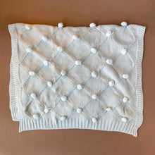 Load image into Gallery viewer, oatmeal-organic-knitted-blanket-with-ivory-pompoms-unfolded