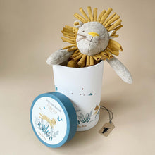 Load image into Gallery viewer, paprika-the-lion-stuffed-animal-with-mustard-accents-in-cylindrical-gift-box
