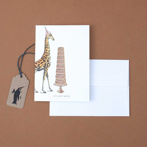 white-greeting-card-illustrated-giraffe-and-tall-birthday-cake-with-black-text-reading-its-your-party