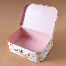 Load image into Gallery viewer, peachy-rainbow-suitcase-shown-open-with-pink-interior