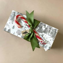 Load image into Gallery viewer, mint-candy-cane-wrapped-on-top-of-black-and-white-wrapped-gift-tied-with-green-ribbon