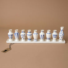 Load image into Gallery viewer, Petit-Ceramic-Menorah-white-with-blue-and-gold-accent