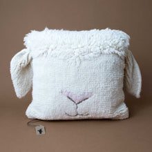 Load image into Gallery viewer, white-square-pillow-with-pink-sheep-nose-and-ears-sticking-off-of-it