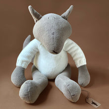 Load image into Gallery viewer, light-grey-wolf-plush-with-stitched-details-and-white-sweater