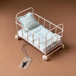 Pretend Play Furniture | Metal Cot Bed with Blue Bedding - Dolls & Doll Accessories - pucciManuli