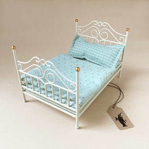 Pretend Play Furniture | Mini Vintage Ivory Bed with Blue Bedding - Dolls & Doll Accessories - pucciManuli