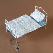 Load image into Gallery viewer, ivory-doll-bed-with-blue-striped-mattress-and-blue-floral-blanket-and-pillow