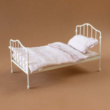 Load image into Gallery viewer, ivory-bed-with-mauve-check-blanket-and-pillow-and-striped-mattress