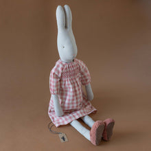 Load image into Gallery viewer, size-5-bunny-doll-wearing-rose-gingham-dress-and-rose-ballet-style-slippers