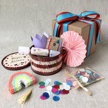 Load image into Gallery viewer, birthday-in-a-box-with-confetti-party-poppers-rainbow-favor-crown-and-cake-tin