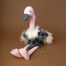 Load image into Gallery viewer, pink-ostrich-with-grey-black-and-white-fluffy-faux-feathers-and-grey-beak