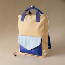 Load image into Gallery viewer, yellow-backpack-with-bright-and-pale-blue-envelope-pocket-and-blue-straps