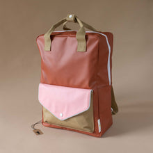 Load image into Gallery viewer, red-backpack-with-khaki-and-blush-envelope-pocket-and-khaki-straps