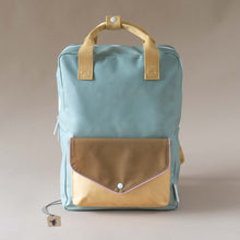 Load image into Gallery viewer, green-backpack-with-yellow-and-khaki-envelope-poocket-and-yellow-straps