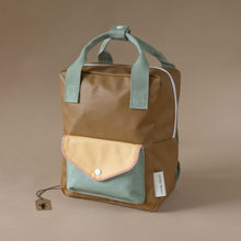 Load image into Gallery viewer, khaki-green-backpack-with-green-and-yellow-envelope-pocket-and-green-straps