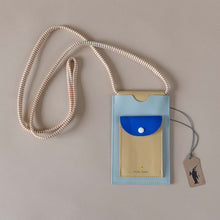Load image into Gallery viewer, blue-phone-pouch-with-yellow-and-blue-front-pocket-and-striped-strap