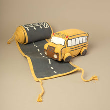 Load image into Gallery viewer, yellow-school-bus-on-a-roll-of-fabric-that-looks-like-a-road