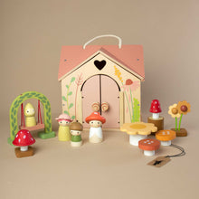 Load image into Gallery viewer, wooden-house-with-rose-roof-and-mushroom-family-standing-in-front