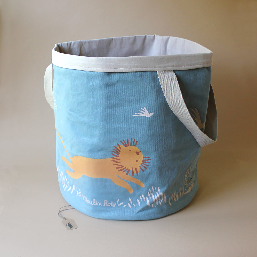 blue-round-fabric-storage-bin-with-lion-print-and-grey-lining