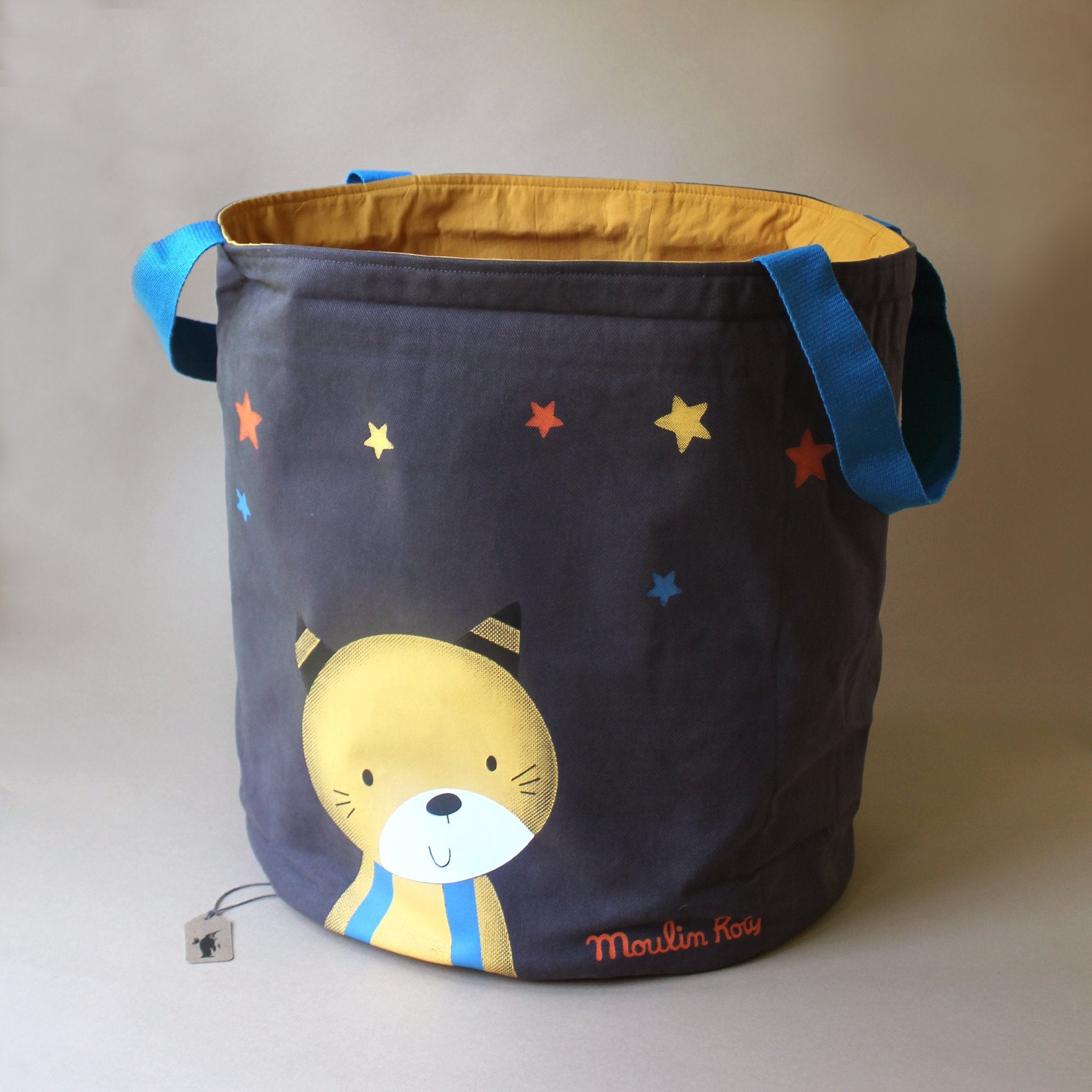 black-round-fabric-storage-bin-with-cat-print-and-ochre-lining