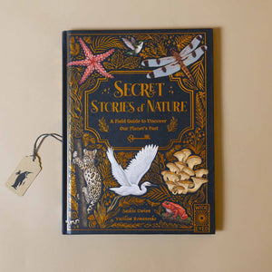    secret-stories-of-nature-book-navy-cover-with-gold-foil-text-images-of-dragonfly-starfish-leopard-frog-mushrooms-heron