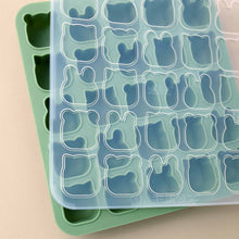 Load image into Gallery viewer, green-silicone-tray-with-cat-bear-and-rabbit-shaped-molds-shown-with-clear-lid