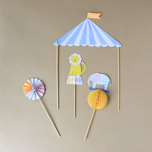 Load image into Gallery viewer, silly-circus-cake-toppers-striped-tent-lion-elephant-on-toothpicks