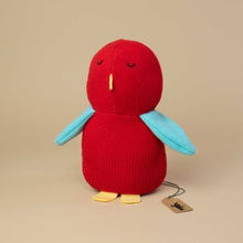Load image into Gallery viewer, red-sweater-stuffie-bird-with-blue-wings-and-yellow-felt-beak-and-feet