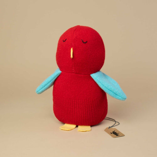 red-sweater-stuffie-bird-with-blue-wings-and-yellow-felt-beak-and-feet