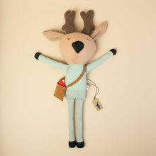 Load image into Gallery viewer, deer-stuffie-in-mint-shirt-and-plaid-pants-with-brown-bag-and-red-bird