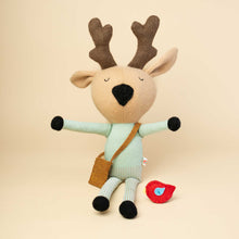 Load image into Gallery viewer, deer-stuffie-sitting-with-red-bird-on-his-right