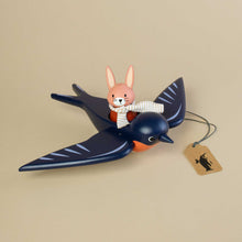 Load image into Gallery viewer, wooden-hare-with-fabric-scarf-sitting-on-a-blue-bird