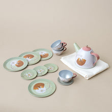 Load image into Gallery viewer, green-and-pink-tin-tea-set-with-bears-and-flowers