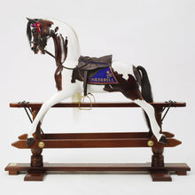 Load image into Gallery viewer, white-and-brown-rocking-horse-with-tingerbell-saddle-blanket-and-dark-tack