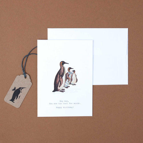 white-greeting-card-with-trio-of-illustrated-penguins-and-black-text-reading-hey-man-you-are-too-cool-for-words-happy-birthday