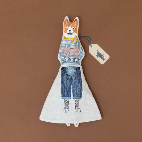 tooth-fairy-fox-pillow-doll-with-denim-pants-striped-sweater-and-holding-a-piggy-bank