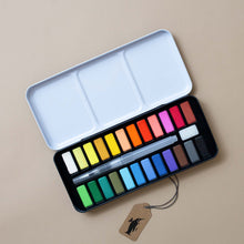 Load image into Gallery viewer, watercolor-paint-set-with-water-brush-and-sponge-in-black-tin