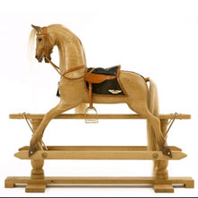 Load image into Gallery viewer, waxed-oak-rocking-horse-with-black-saddle-blanket-and-light-leather-saddle