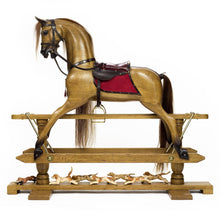 Load image into Gallery viewer, waxed-oak-rocking-horse-with-red-saddle-blanket-and-dark-leather-saddle