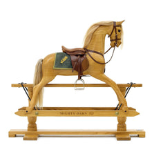 Load image into Gallery viewer, waxed-oak-rocking-horse-with-green-saddle-blanket-and-dark-leather-saddle