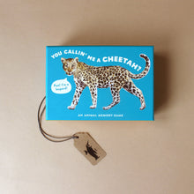 Load image into Gallery viewer, you-callin-me-a-cheetah-memory-game-in-blue-box-with-leopard-illustration