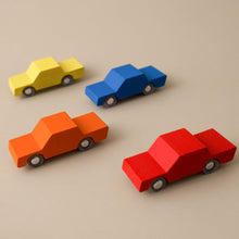 Load image into Gallery viewer, 4-colors-wooden-cars-yellow-orange-red-blue