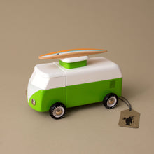 Load image into Gallery viewer, green-and-white-van-with-orange-surfboard