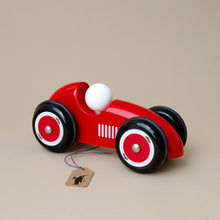 Load image into Gallery viewer, red-race-car-with-large-black-wheels-and-white-peg-rider